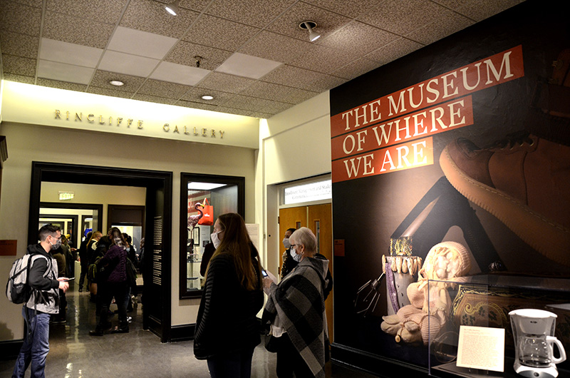 The crowd at an opening event for the 'Museum of Where We Are' exhibition held in the Rincliffe Gallery on Dec. 10.